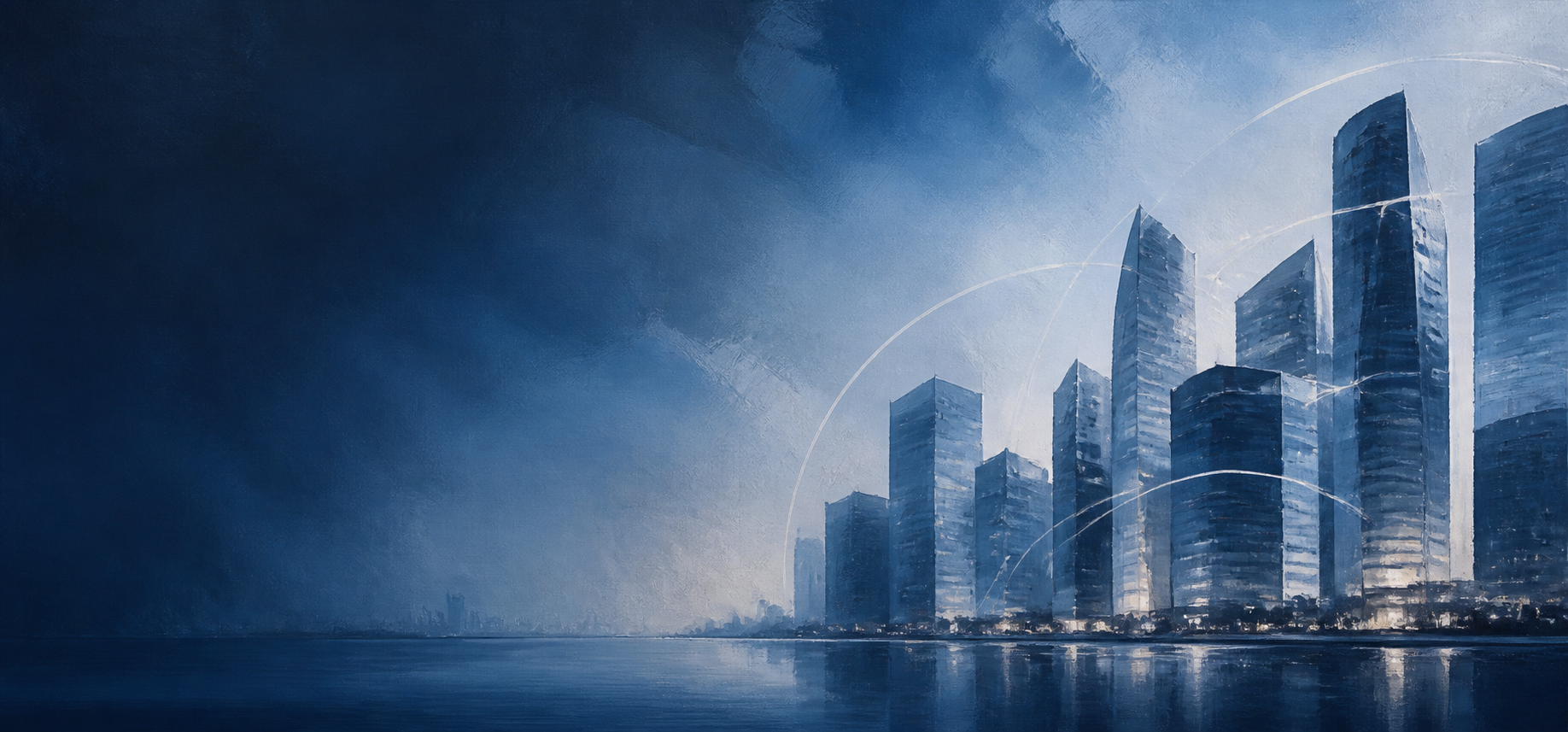 Painted cityscape representing global finance and connected intelligence